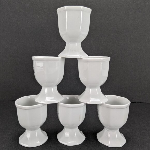 Vintage White Ceramic Egg Cups Set of 6 Breakfast Dining 13 EI Sideways on Cup - Picture 4 of 7